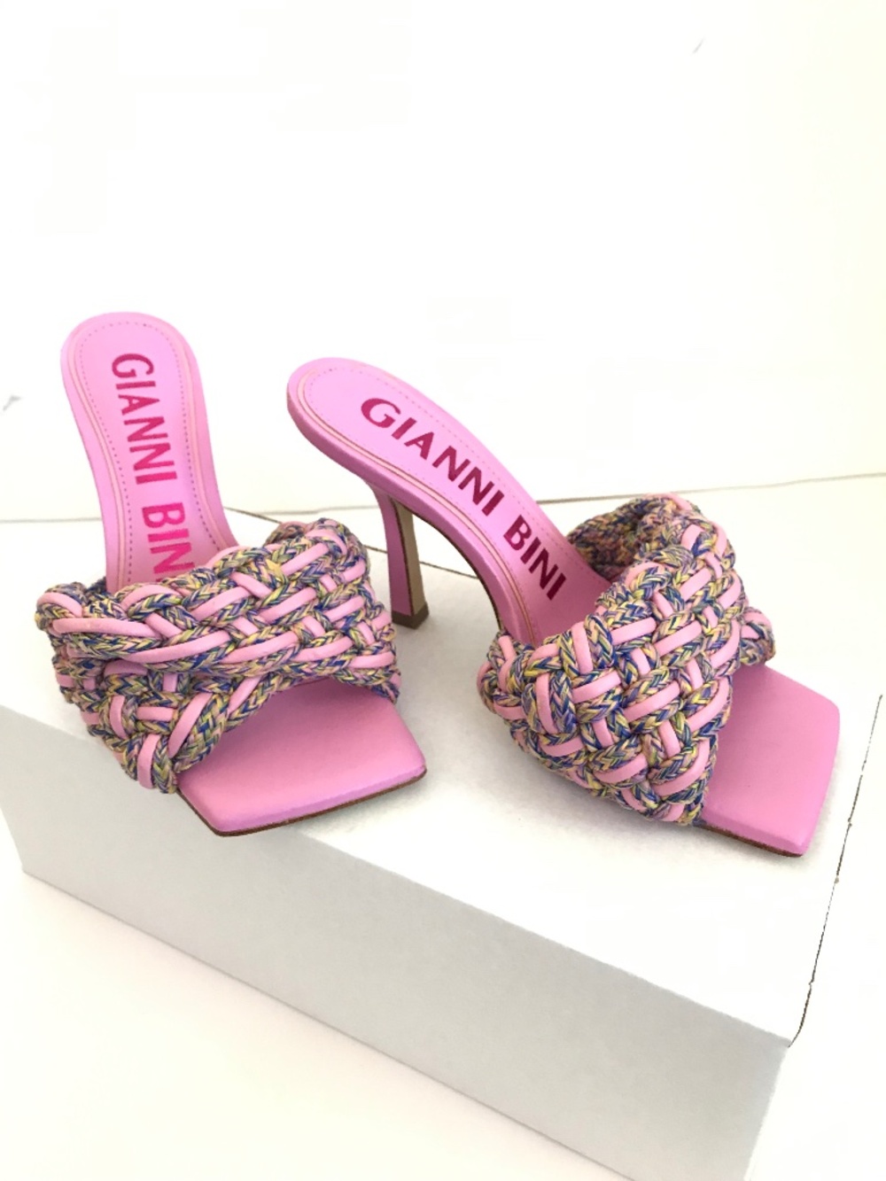 GIANNI BINI Bibby Woven Leather Corded Square Toe Heeled Sandals Women’s Size 7